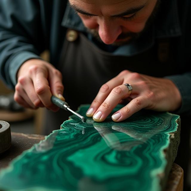 Artigiano concentrato mentre lucida una lastra di malachite ricca di tonalità verdi intense