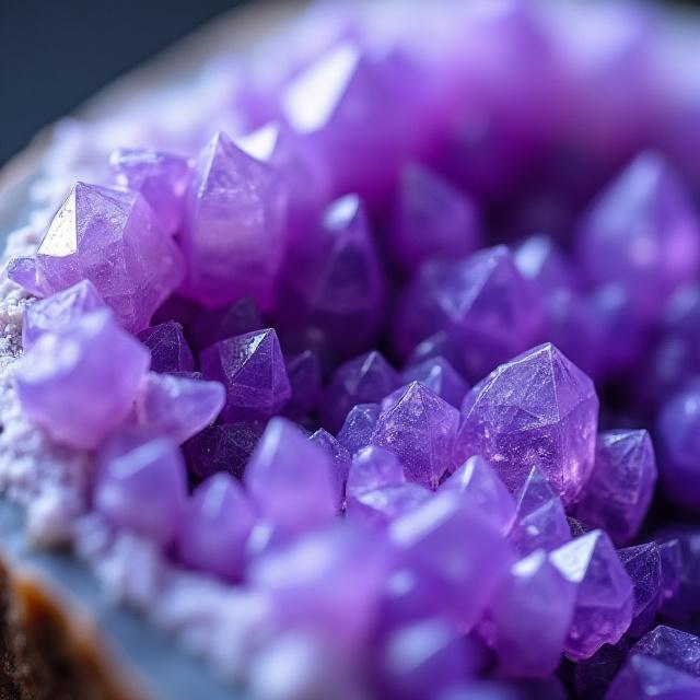 Dettaglio macro di un geode di ametista grezza con brillanti cristalli violacei