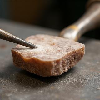 Dettaglio di un blocco di minerale in fase di lucidatura in un laboratorio, con strumenti artigianali