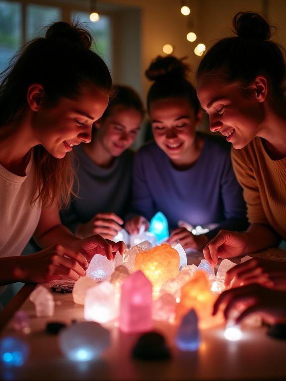 Gruppo di partecipanti entusiasti al nostro workshop di cristalloterapia, intenti a esaminare diversi cristalli illuminati