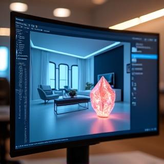 Schermo che mostra un progetto di design 3D di un interno, con un pezzo di cristallo inserito digitalmente