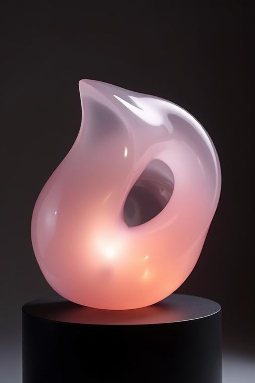 Delicata scultura astratta in quarzo rosa, posata su un piedistallo scuro, che cattura la luce con le sue morbide curve
