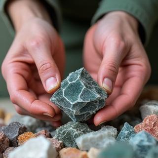 Mani esperte selezionano blocchi di minerali grezzi, evidenziando la loro forma naturale e le sfumature di colore