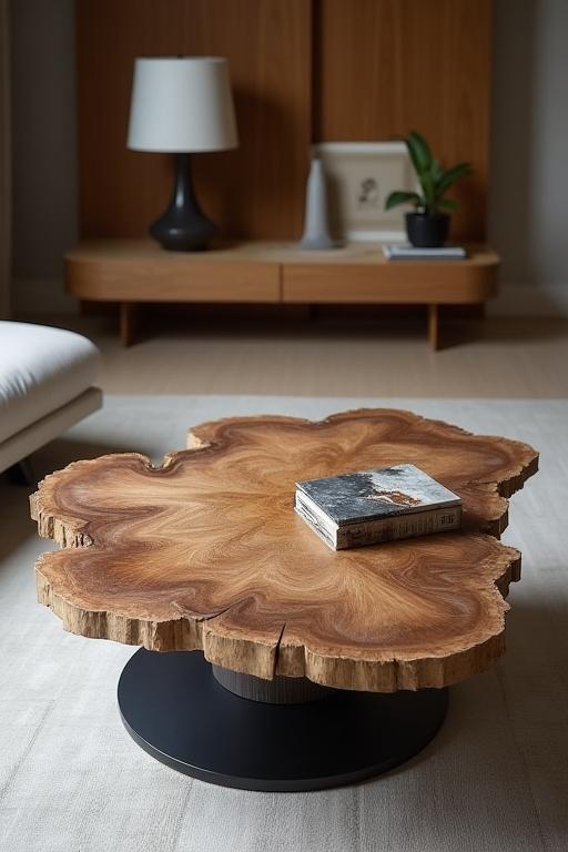 Elegante tavolino basso con piano in legno pietrificato dalle sfumature terrose e base in metallo scuro, ideale per un salotto raffinato